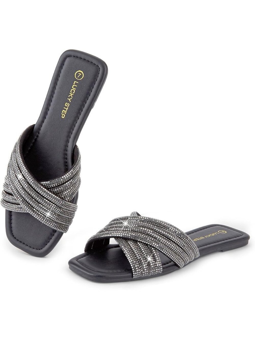 🆕Women's Black Rhinestone Flat Sandals Glitter Slide Sparkle Open Toe